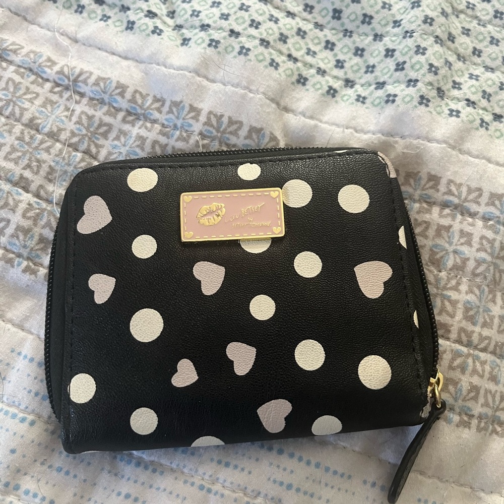 Betsey Johnson Black Wallet with White Polka Dots and Pink Hearts